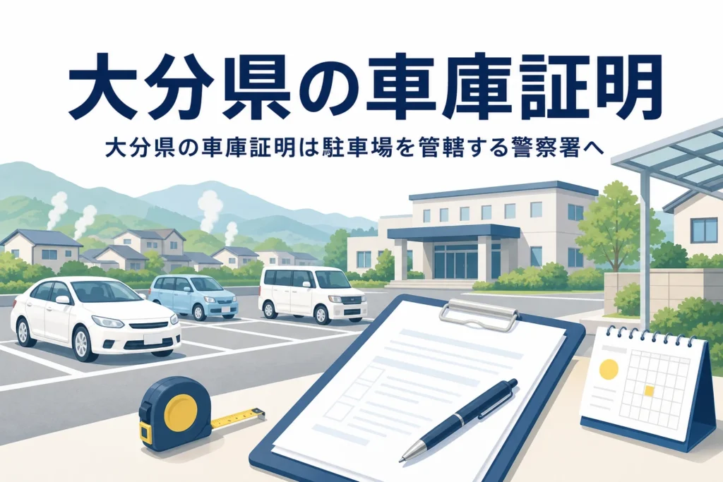 湯けむりの見える駐車場と書類のイラストに、大分県の車庫証明の記事タイトルを重ねたアイキャッチ