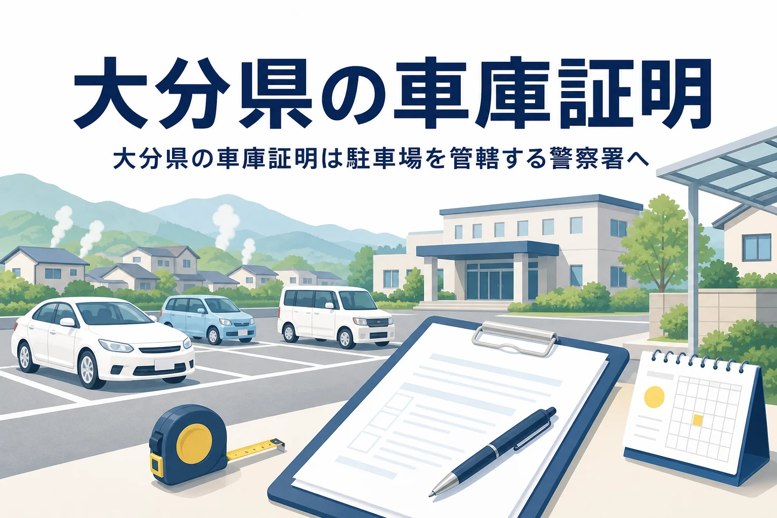 湯けむりの見える駐車場と書類のイラストに、大分県の車庫証明の記事タイトルを重ねたアイキャッチ