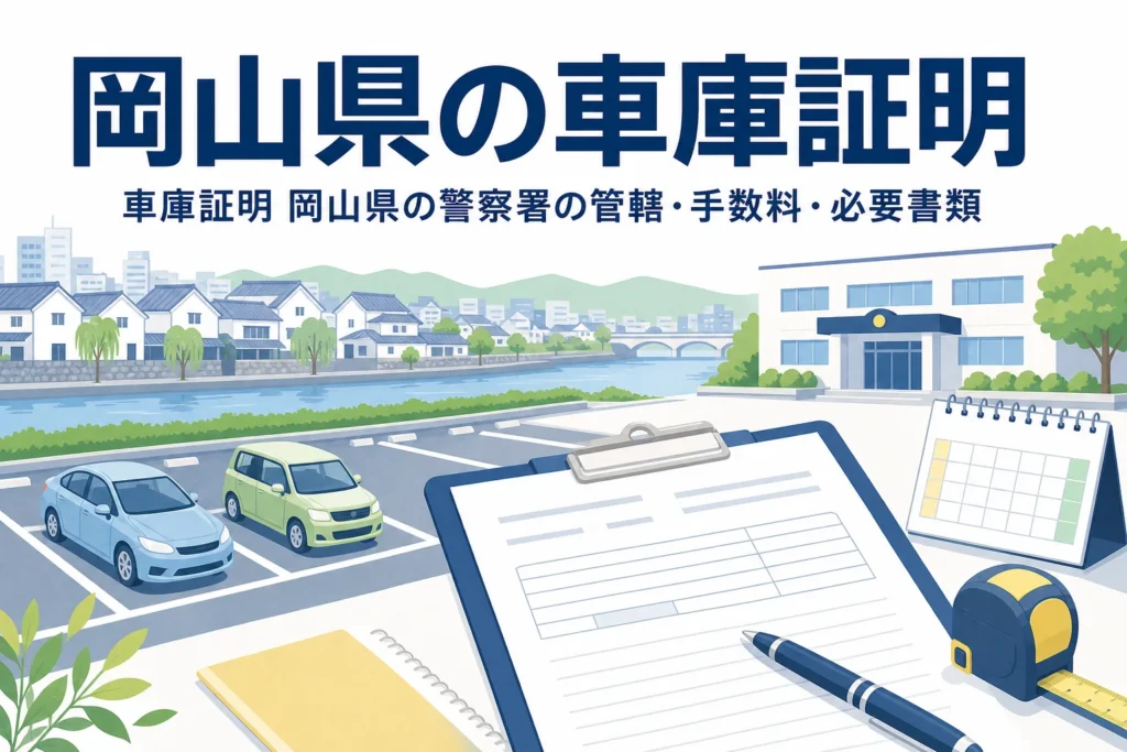 川沿いの町の駐車場と書類を描いた「岡山県の車庫証明」のアイキャッチ