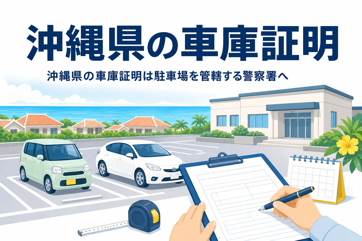 海の見える駐車場と書類のイラストに、沖縄県の車庫証明の記事タイトルを重ねたアイキャッチ