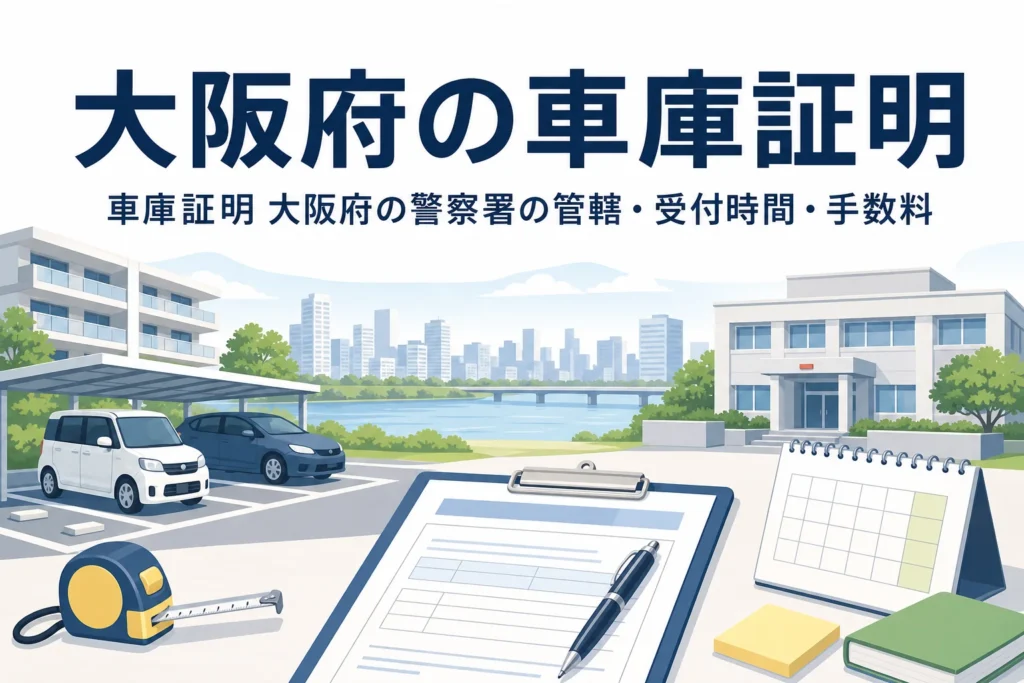都市の街並みと駐車場、書類を描いた「大阪府の車庫証明」のアイキャッチ
