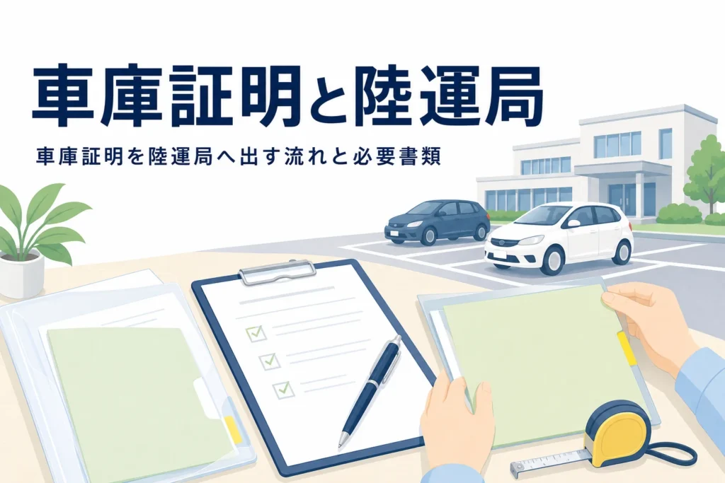 書類とクリップボードの奥に庁舎風の建物と乗用車を描き、車庫証明と陸運局の記事タイトルを重ねたアイキャッチ
