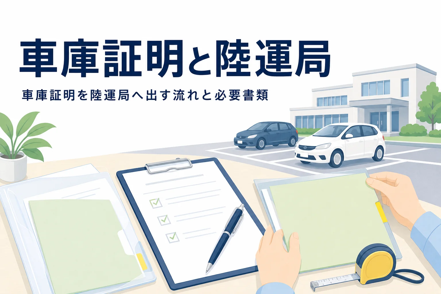 書類とクリップボードの奥に庁舎風の建物と乗用車を描き、車庫証明と陸運局の記事タイトルを重ねたアイキャッチ