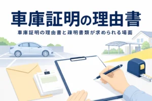 書類と封筒のイラストに、車庫証明の理由書と疎明書類の記事タイトルを重ねたアイキャッチ