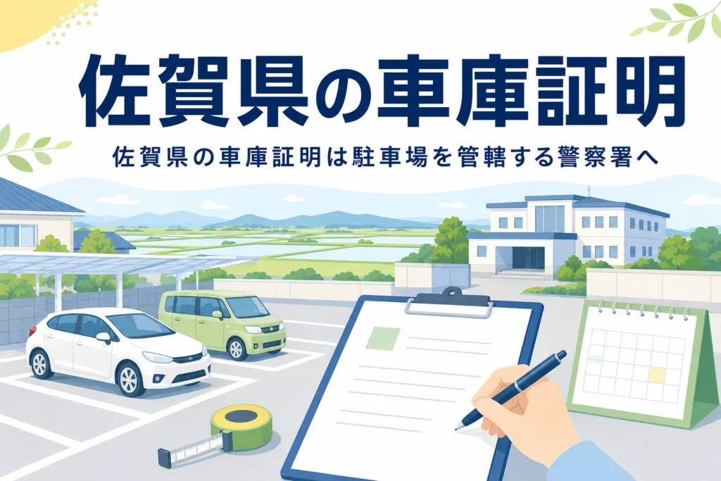 田園の見える駐車場と書類のイラストに、佐賀県の車庫証明の記事タイトルを重ねたアイキャッチ