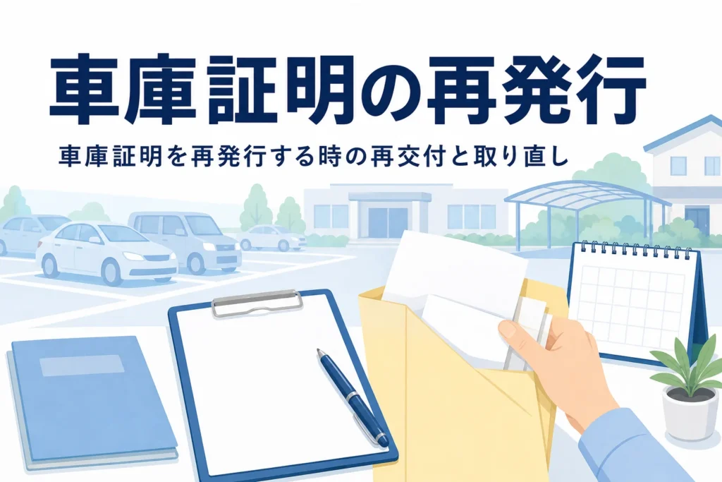 書類と封筒が置かれた机と駐車場の乗用車のシルエットに、車庫証明の再発行を紹介する記事タイトル