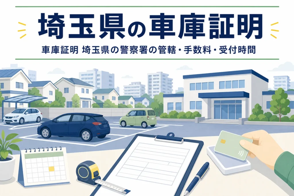 駐車場と書類を描いた「埼玉県の車庫証明」のアイキャッチ