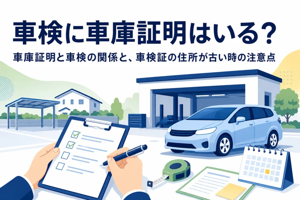 乗用車と書類に「車検に車庫証明はいる？」の文字