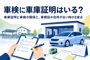乗用車と書類に「車検に車庫証明はいる？」の文字
