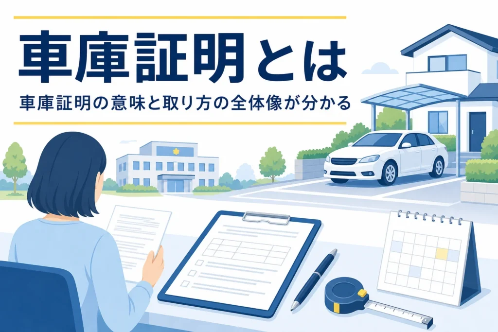 駐車スペースの車と書類を並べ、車庫証明とは何かを紹介する記事タイトル