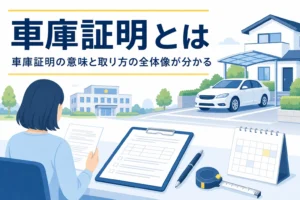 駐車スペースの車と書類を並べ、車庫証明とは何かを紹介する記事タイトル
