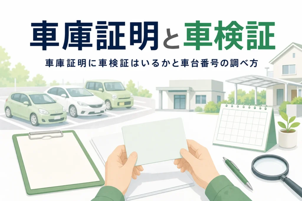 車検証を思わせるカードと書類が置かれた机に、車庫証明と車検証の関係を紹介する記事タイトル