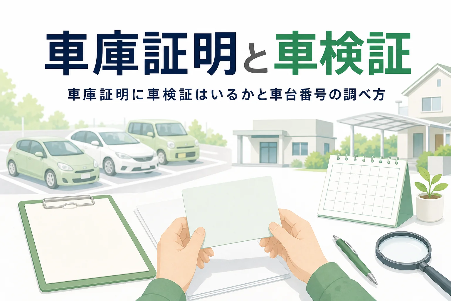 車検証を思わせるカードと書類が置かれた机に、車庫証明と車検証の関係を紹介する記事タイトル