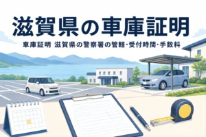 湖と駐車場、書類を描いた「滋賀県の車庫証明」のアイキャッチ