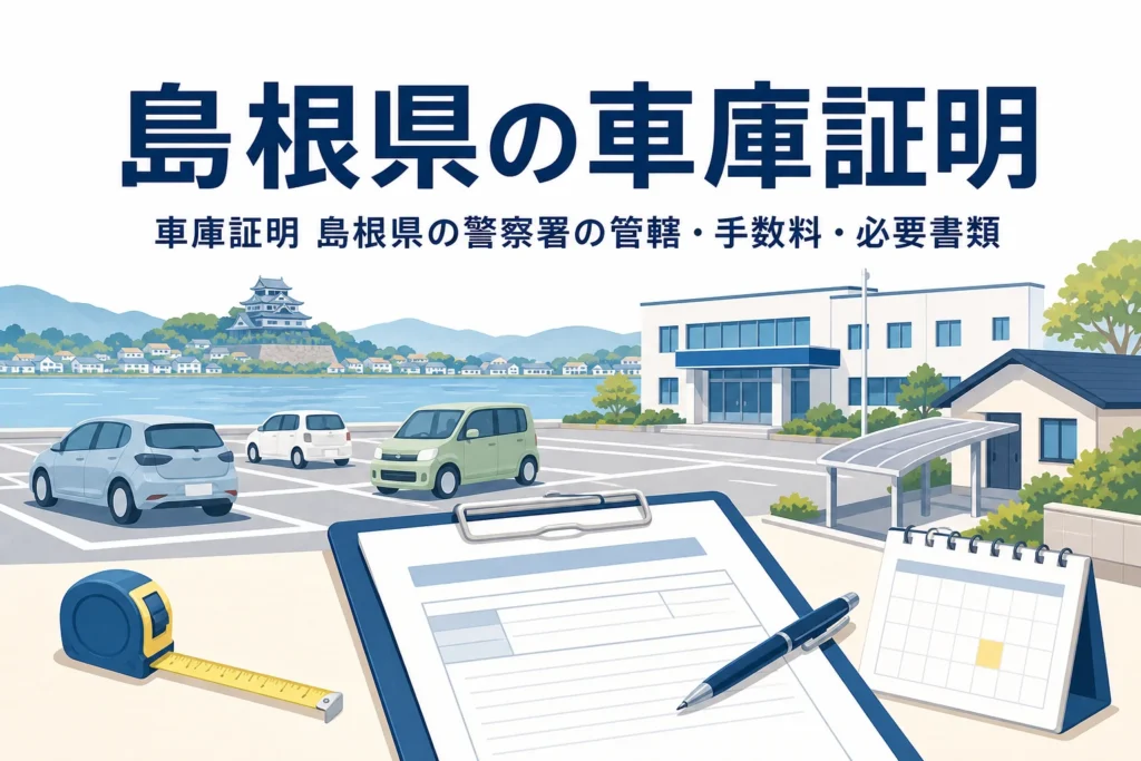 湖のある町の駐車場と書類を描いた「島根県の車庫証明」のアイキャッチ