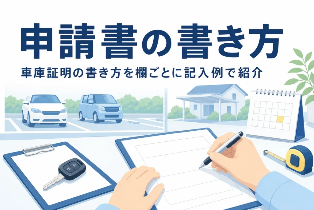申請用紙に記入する手元を写し、車庫証明の申請書の書き方を紹介する記事タイトル