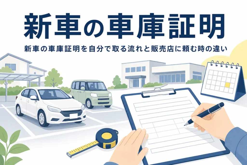 駐車場の乗用車と書類に「新車の車庫証明」の文字