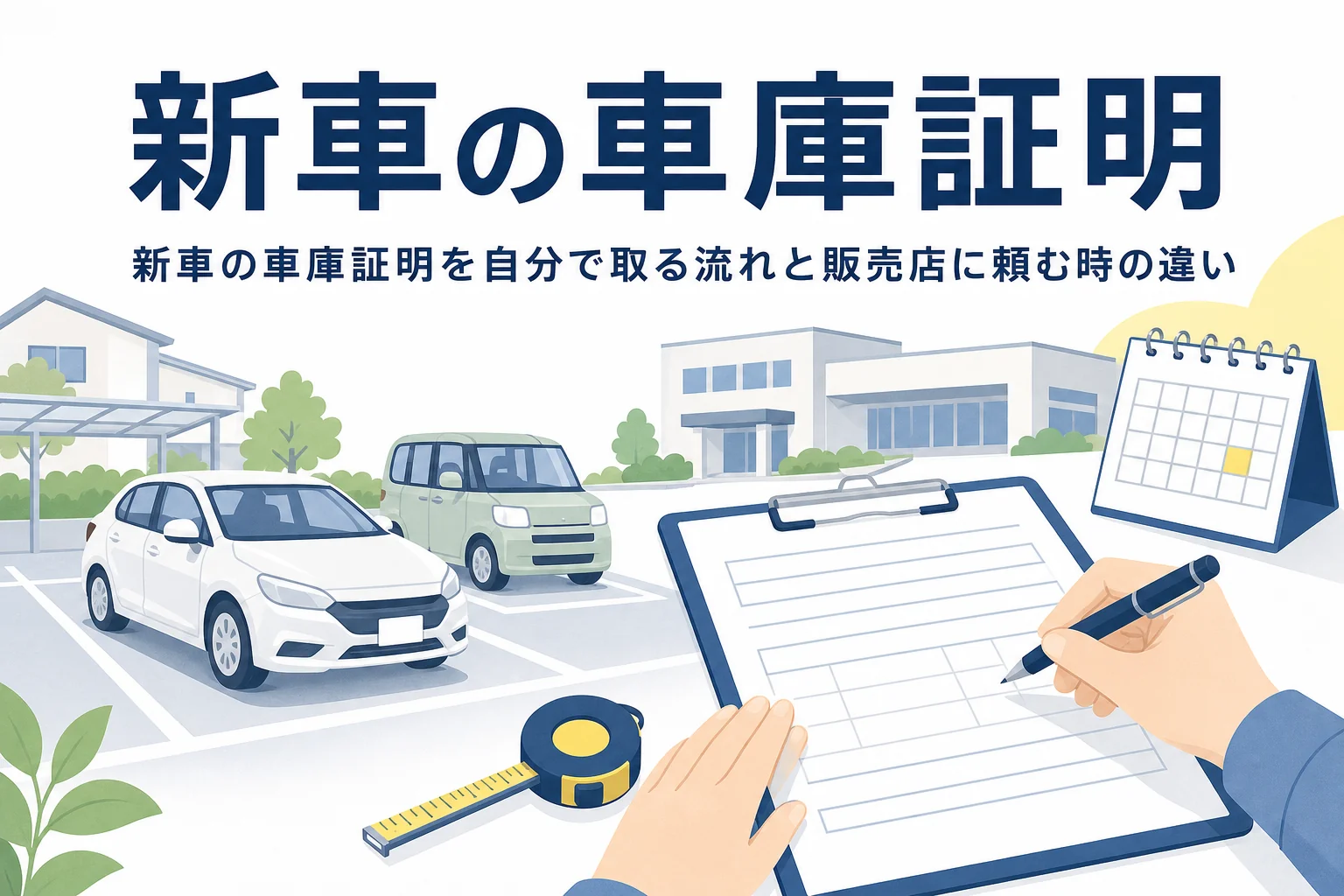 駐車場の乗用車と書類に「新車の車庫証明」の文字