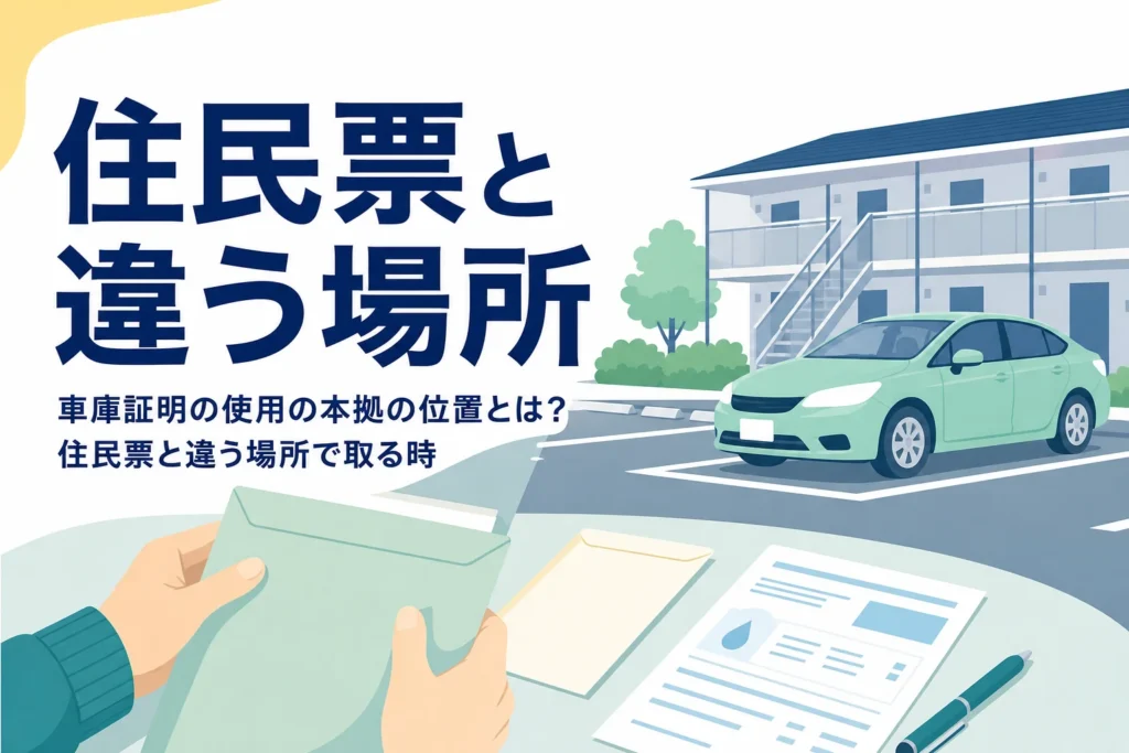 アパートと駐車場、封筒と領収書を写し、住民票と違う場所で車庫証明を取る方法を紹介する記事タイトル