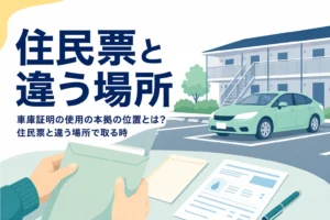 アパートと駐車場、封筒と領収書を写し、住民票と違う場所で車庫証明を取る方法を紹介する記事タイトル