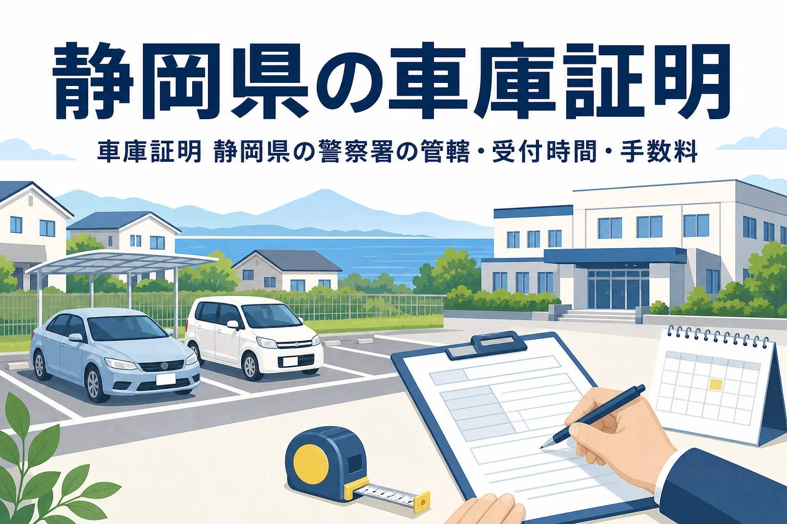 海と山並みを背景に駐車場と書類を描いた「静岡県の車庫証明」のアイキャッチ
