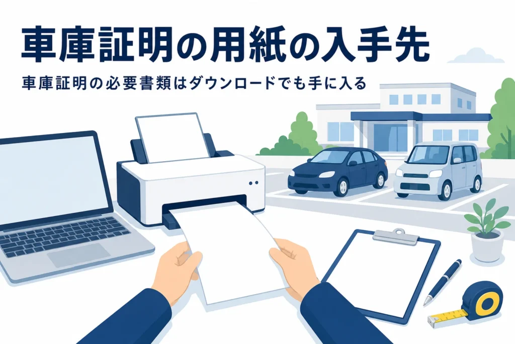 パソコンとプリンターで書類を用意する様子で、車庫証明の用紙の入手先を紹介する記事タイトル