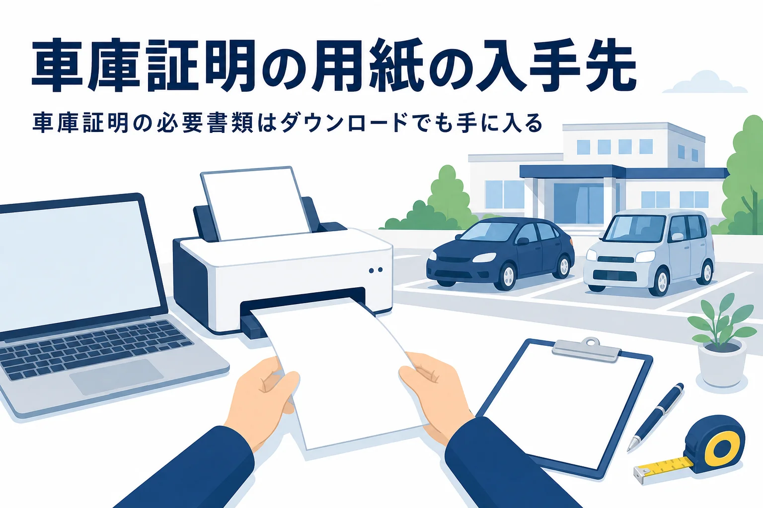 パソコンとプリンターで書類を用意する様子で、車庫証明の用紙の入手先を紹介する記事タイトル