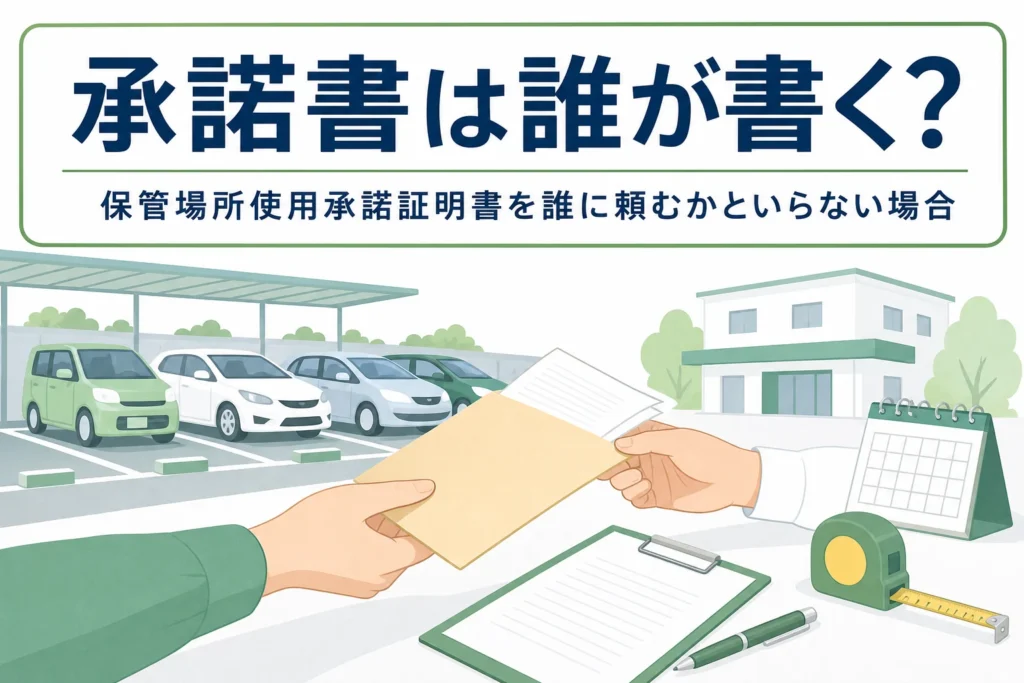 駐車場を背景に書類を手渡す手元を写し、保管場所使用承諾証明書を紹介する記事タイトル