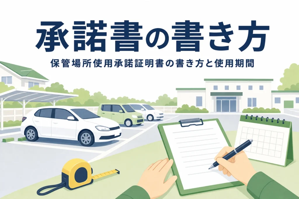 月極駐車場の乗用車のシルエットと書類が置かれた机に、保管場所使用承諾証明書の書き方を紹介する記事タイトル