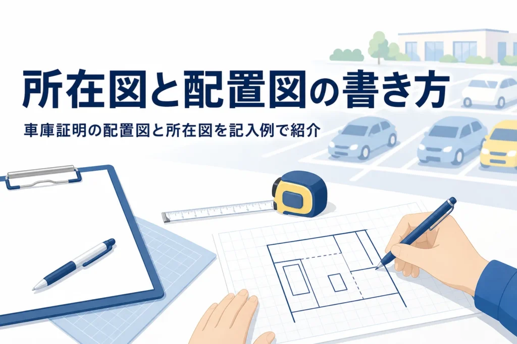 方眼紙とメジャーが置かれた机と駐車場の乗用車のシルエットに、車庫証明の所在図と配置図の書き方を紹介する記事タイトル