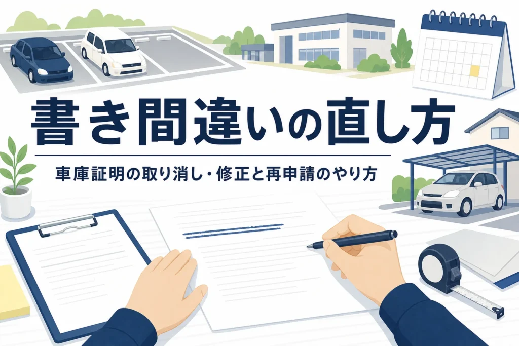 二重線で修正した書類とペンを写し、車庫証明の書き間違いの直し方と再申請を紹介する記事タイトル