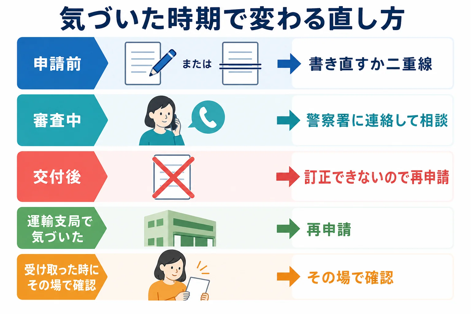 車庫証明の書き間違いに気づいた時期ごとに、修正・相談・再申請のどれになるかを分けた図解