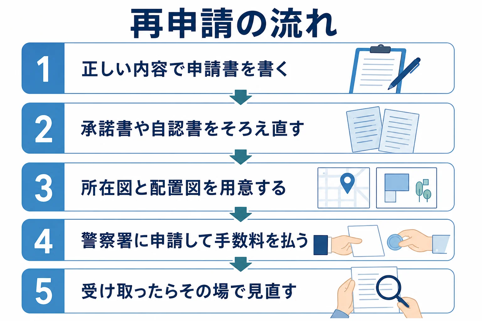 車庫証明の再申請で、申請書の書き直しから受け取り時の確認までの流れを示した図解