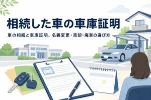 住宅の駐車場の車と書類のイラストに、相続した車の車庫証明の記事タイトルを重ねたアイキャッチ