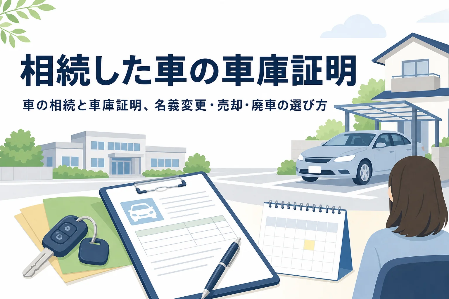 住宅の駐車場の車と書類のイラストに、相続した車の車庫証明の記事タイトルを重ねたアイキャッチ