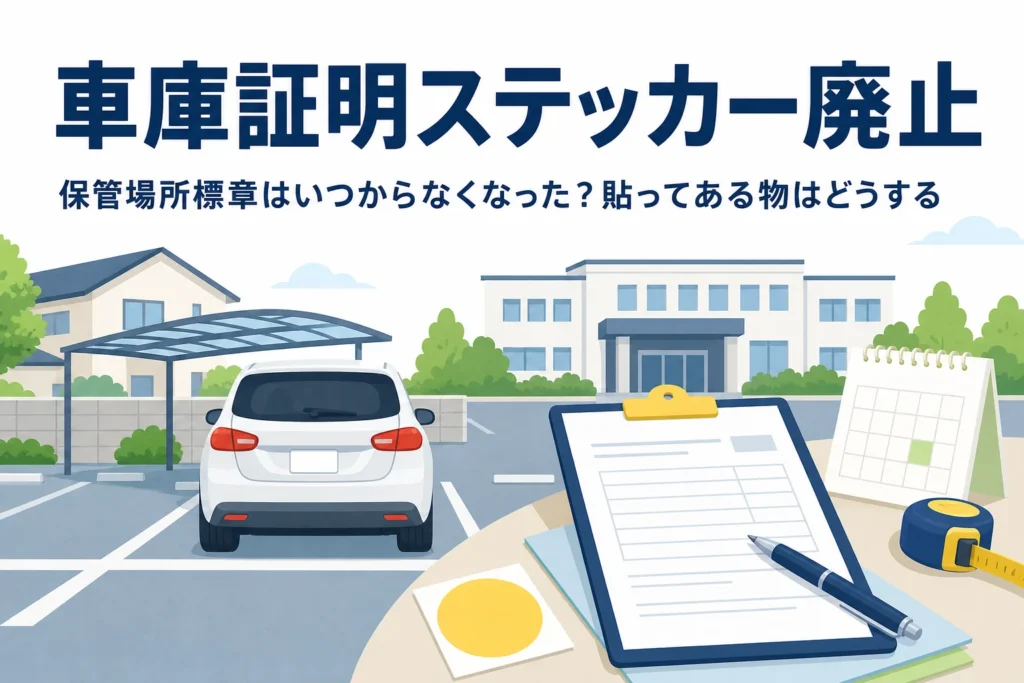 駐車場の乗用車と書類のイラストに、車庫証明ステッカー廃止の記事タイトルを重ねたアイキャッチ