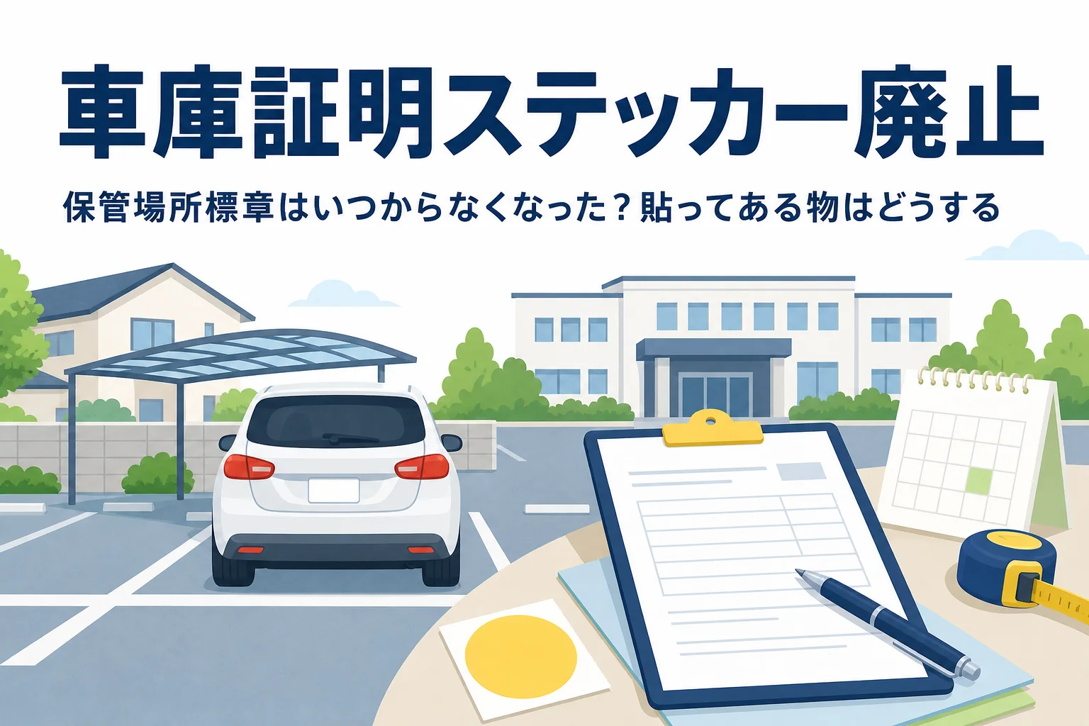駐車場の乗用車と書類のイラストに、車庫証明ステッカー廃止の記事タイトルを重ねたアイキャッチ