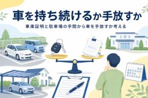駐車場の車と天びんのイラストに、車を持ち続けるか手放すかの判断表の記事タイトルを重ねたアイキャッチ