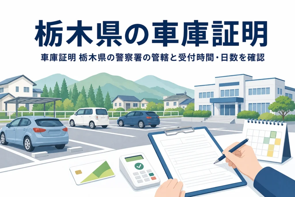 駐車場と書類を描いた「栃木県の車庫証明」のアイキャッチ