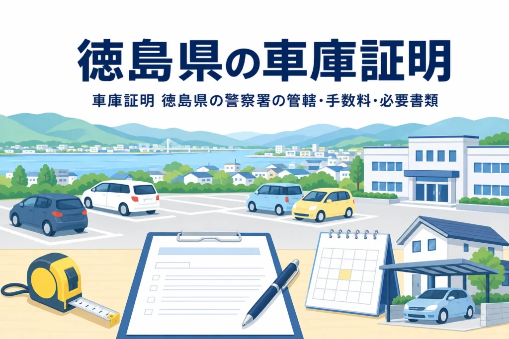 川沿いの町の駐車場と書類を描いた「徳島県の車庫証明」のアイキャッチ