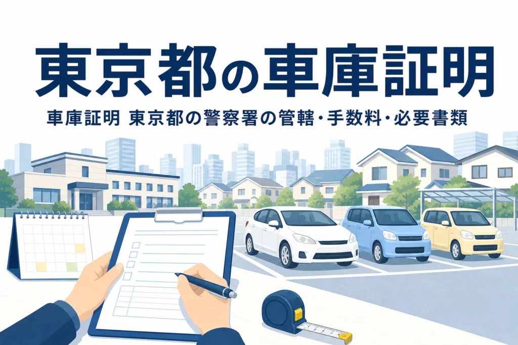 都市の駐車場と書類を描いた「東京都の車庫証明」のアイキャッチ