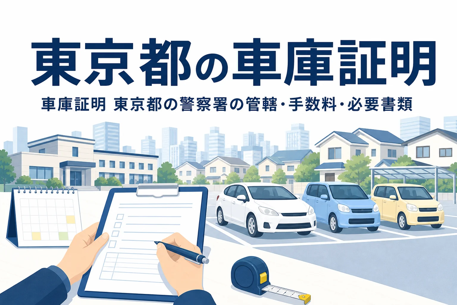 都市の駐車場と書類を描いた「東京都の車庫証明」のアイキャッチ