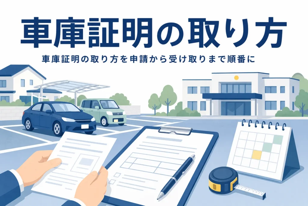 駐車場の車と申請書類を並べ、車庫証明の取り方を紹介する記事タイトル