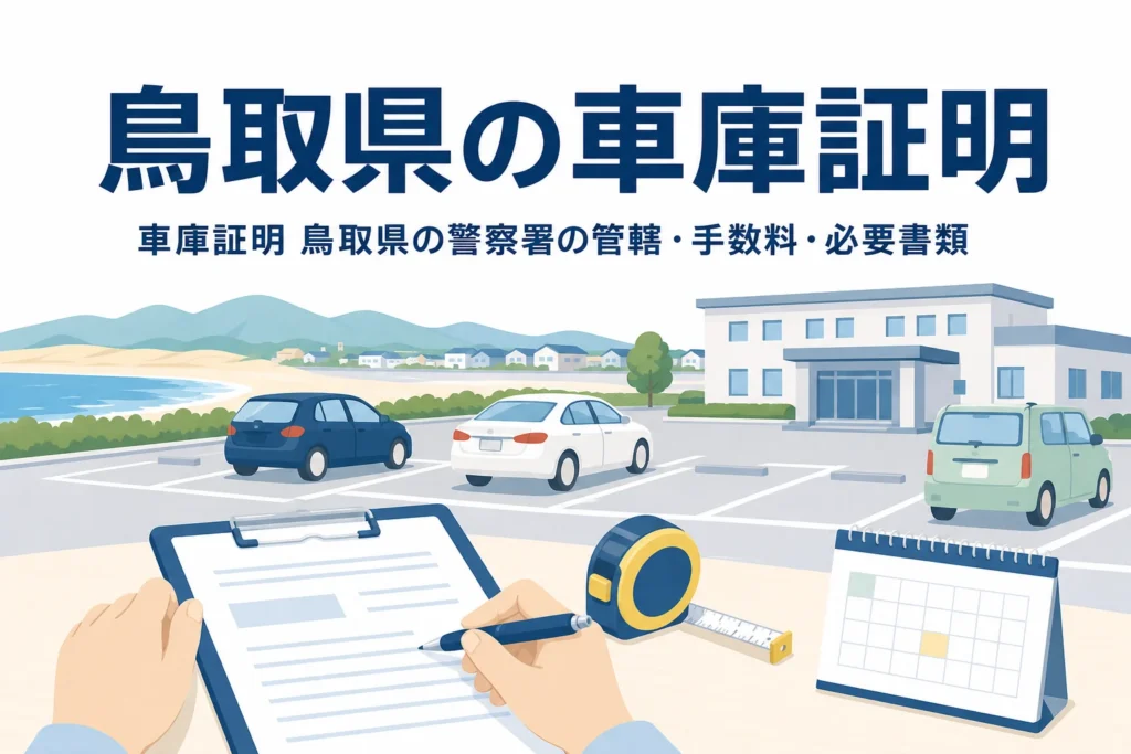 海辺の町の駐車場と書類を描いた「鳥取県の車庫証明」のアイキャッチ