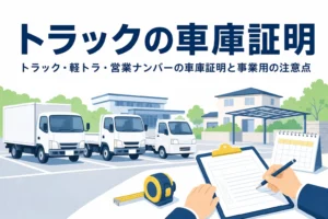駐車場のトラックと書類に「トラックの車庫証明」の文字