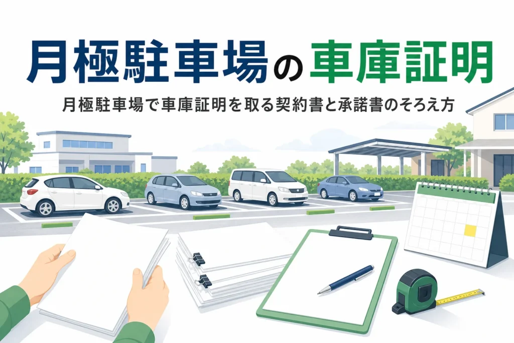 月極駐車場と契約書の束で、月極駐車場で車庫証明を取る方法を紹介する記事タイトル