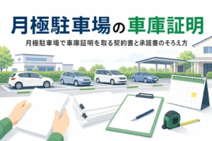 月極駐車場と契約書の束で、月極駐車場で車庫証明を取る方法を紹介する記事タイトル