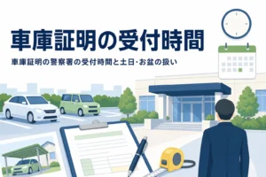 警察署風の建物と時計・カレンダーのイラストに、車庫証明の受付時間の記事タイトルを重ねたアイキャッチ