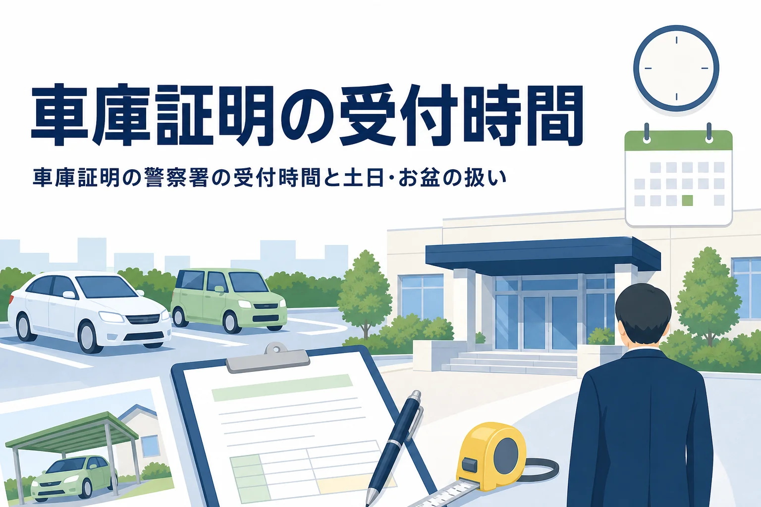 警察署風の建物と時計・カレンダーのイラストに、車庫証明の受付時間の記事タイトルを重ねたアイキャッチ