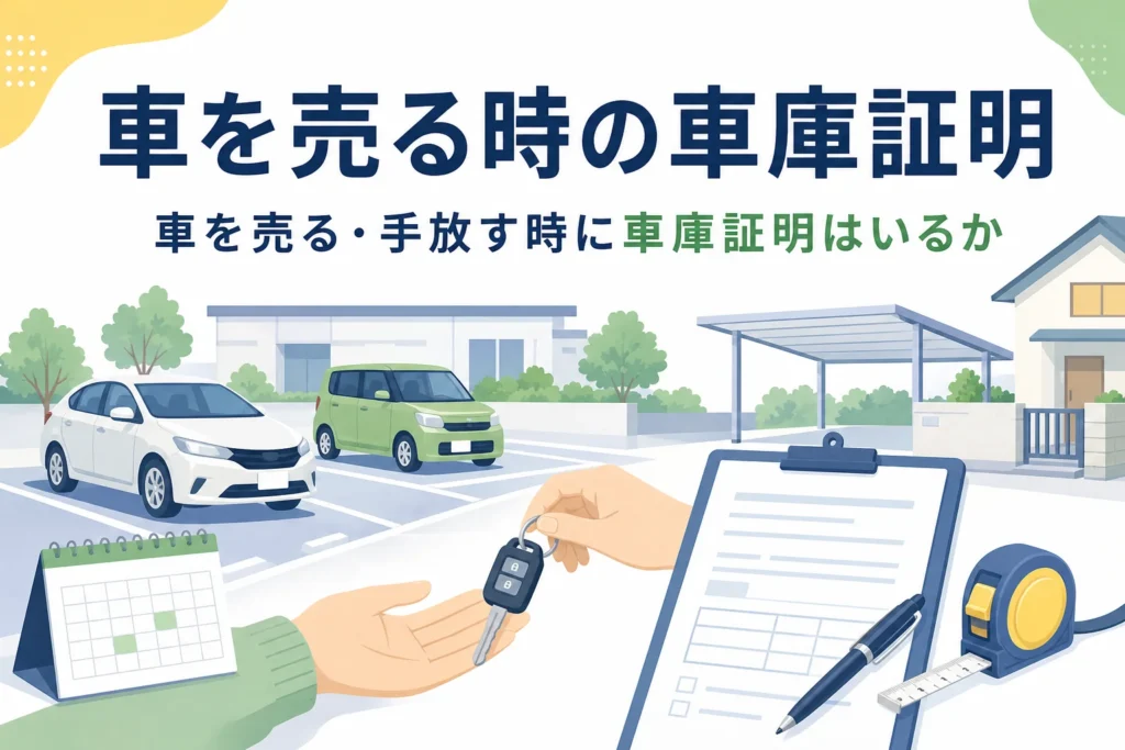 車の鍵を手渡すイラストに、車を売る時の車庫証明の記事タイトルを重ねたアイキャッチ